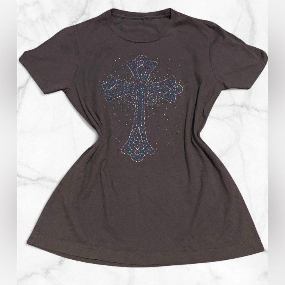 ✝️Vintage Dark Grey Bling Cross Tee✝️